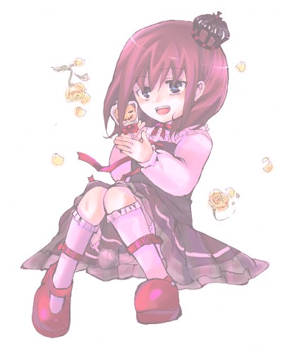 ushiromiya maria, umineko no naku koro ni, lowres, 00s, 1girl, blue eyes, brown hair, crown, dress, female focus, frills, full body, kneehighs, mary janes, open mouth, ribbon, shoes, short hair, sitting, socks, solo, white background