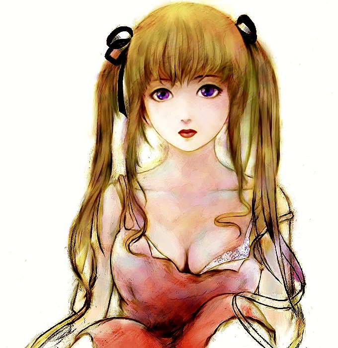 fm77 (artist), shinku, rozen maiden, 00s, 1girl, blonde hair, breasts, brown hair, cleavage, dress, female focus, hair ribbon, lips, looking at viewer, purple eyes, red dress, ribbon, solo, twintails