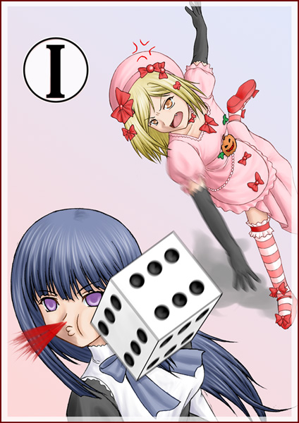210ten, frederica bernkastel, lambdadelta, umineko no naku koro ni, pink headwear, md5 mismatch, 00s, 2girls, angry, bad anatomy, blood, dice, hat, multiple girls, nosebleed, poorly drawn, throwing