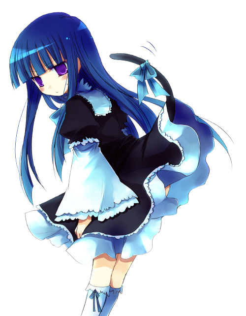 suzushiro kurumi, frederica bernkastel, umineko no naku koro ni, 00s, blue hair, blush, cat tail, frills, long hair, purple eyes, ribbon, serious, socks, solo, tail