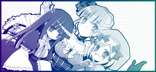suzushiro kurumi, beatrice (umineko), frederica bernkastel, lambdadelta, umineko no naku koro ni, lowres, 00s, 3girls, bow, choker, dress, frills, hair bow, long hair, monochrome, multiple girls, ribbon, serious, short hair, smile