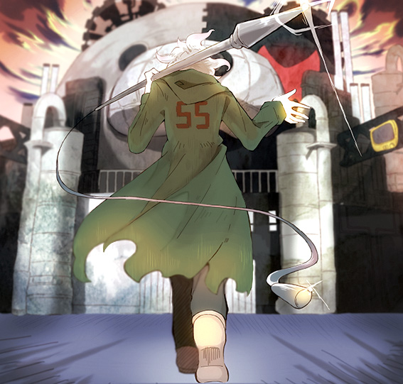 hirai (kagamine), komaeda nagito, monokuma, danganronpa (series), danganronpa 2: goodbye despair, commentary request, spoilers, 1boy, black pants, building, cloud, from behind, full body, glint, green jacket, holding, holding polearm, holding weapon, hood, hood down, hooded jacket, jacket, long sleeves, male focus, over shoulder, pants, polearm, shoes, sky, solo, spear, weapon, weapon over shoulder, white hair