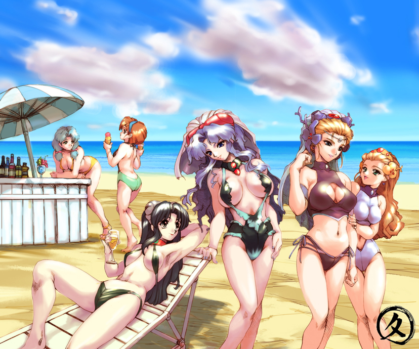 hisahiko, ifurita, ifurita tv, jinnai nanami, miz mishtal, rune venus, el hazard, 1990s (style), 6+girls, beach, bikini, black hair, blonde hair, blue eyes, blue hair, breasts, cloud, day, grey eyes, large breasts, long hair, medium breasts, multiple girls, ocean, orange hair, outdoors, purple eyes, purple hair, side-tie bikini bottom, sky, swimsuit