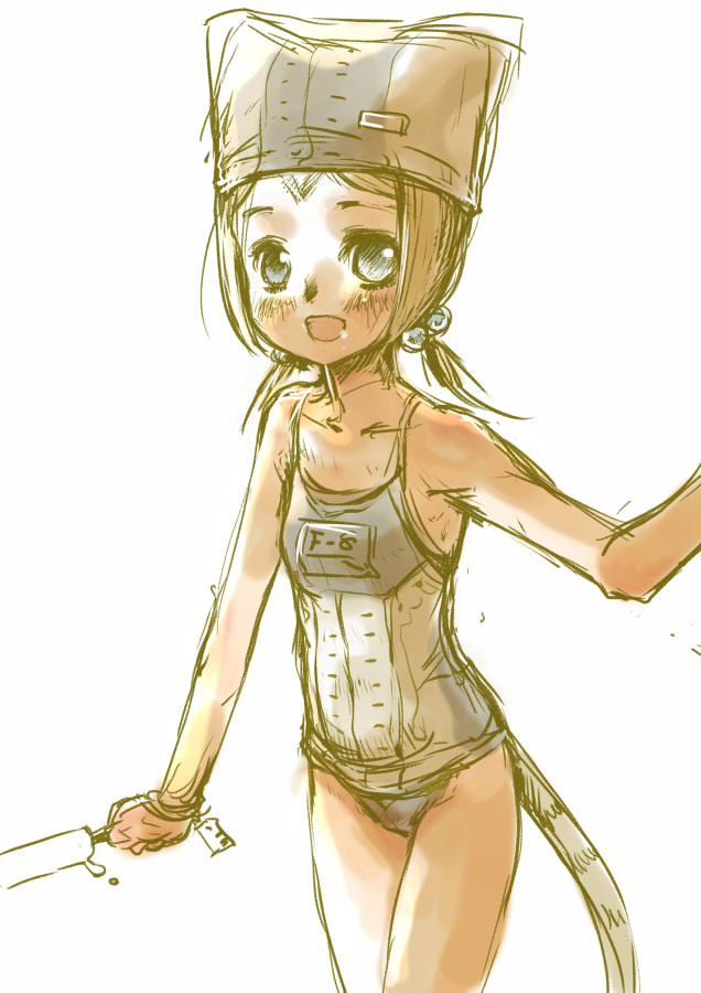 branch (blackrabbits), mithra (ff11), final fantasy, final fantasy xi, 00s, 1girl, aged down, blonde hair, blue eyes, female focus, food, ice cream, one-piece swimsuit, petite, school swimsuit, short hair, solo, swimsuit, tail