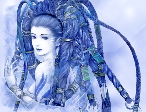 fm77 (artist), shiva (final fantasy), final fantasy, final fantasy x, 00s, 1girl, back, blue eyes, blue hair, blue skin, blue theme, braid, colored skin, female focus, gradient background, hair ornament, ice, jewelry, looking back, matching hair/eyes, monochrome, ring, solo, tattoo