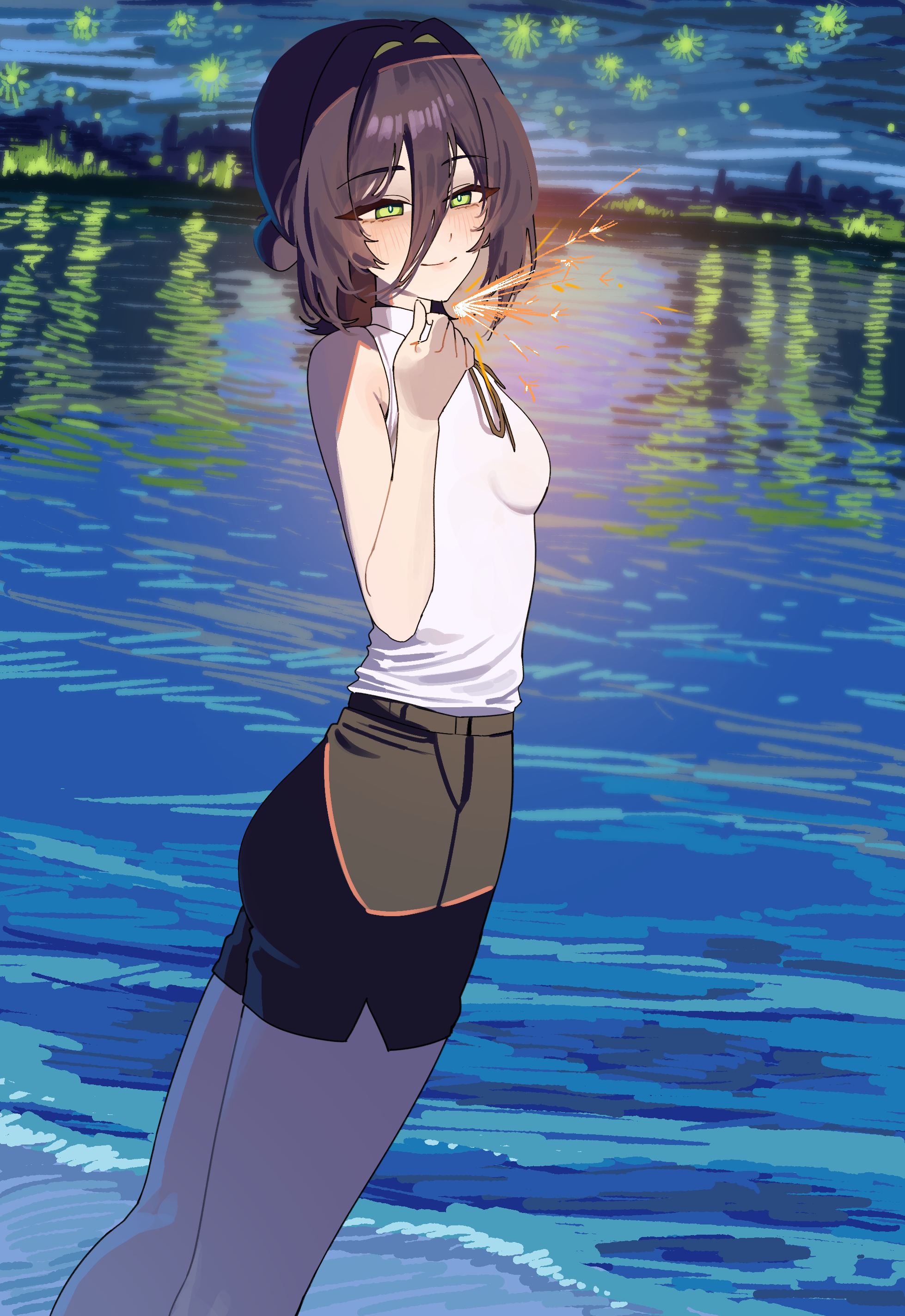 reze (chainsaw man), chainsaw man, absurdres, highres, 1girl, aerial fireworks, beach, black hair, black ribbon, black shorts, breasts, closed mouth, fireworks, freeman (tkuh4475), green eyes, hair between eyes, neck ribbon, night, outdoors, ribbon, shirt, shorts, sleeveless, sleeveless shirt, small breasts, smile, solo, white shirt