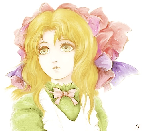 fm77 (artist), iris chateaubriand, sakura taisen, lowres, 00s, 1girl, blonde hair, bow, female focus, long hair, pink bow, ribbon, solo, yellow eyes