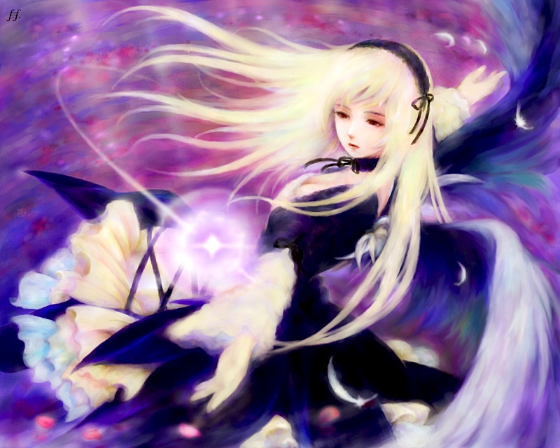 fm77 (artist), suigintou, rozen maiden, 00s, blonde hair, dress, feathers, goth fashion, gothic lolita, lolita fashion, long hair, solo, wings