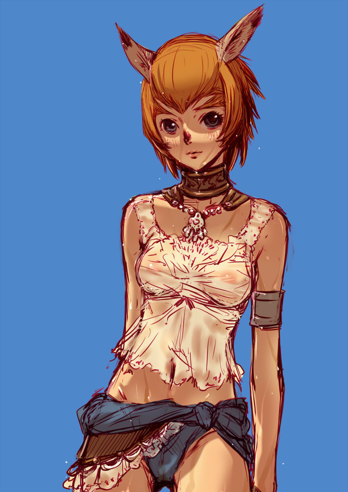 branch (blackrabbits), mithra (ff11), final fantasy, final fantasy xi, 00s, 1girl, armlet, breasts, brown hair, cameltoe, female focus, grey eyes, jewelry, navel, nipples, see-through clothes, short hair, simple background, sketch, small breasts, solo, swimsuit, wet, wet clothes