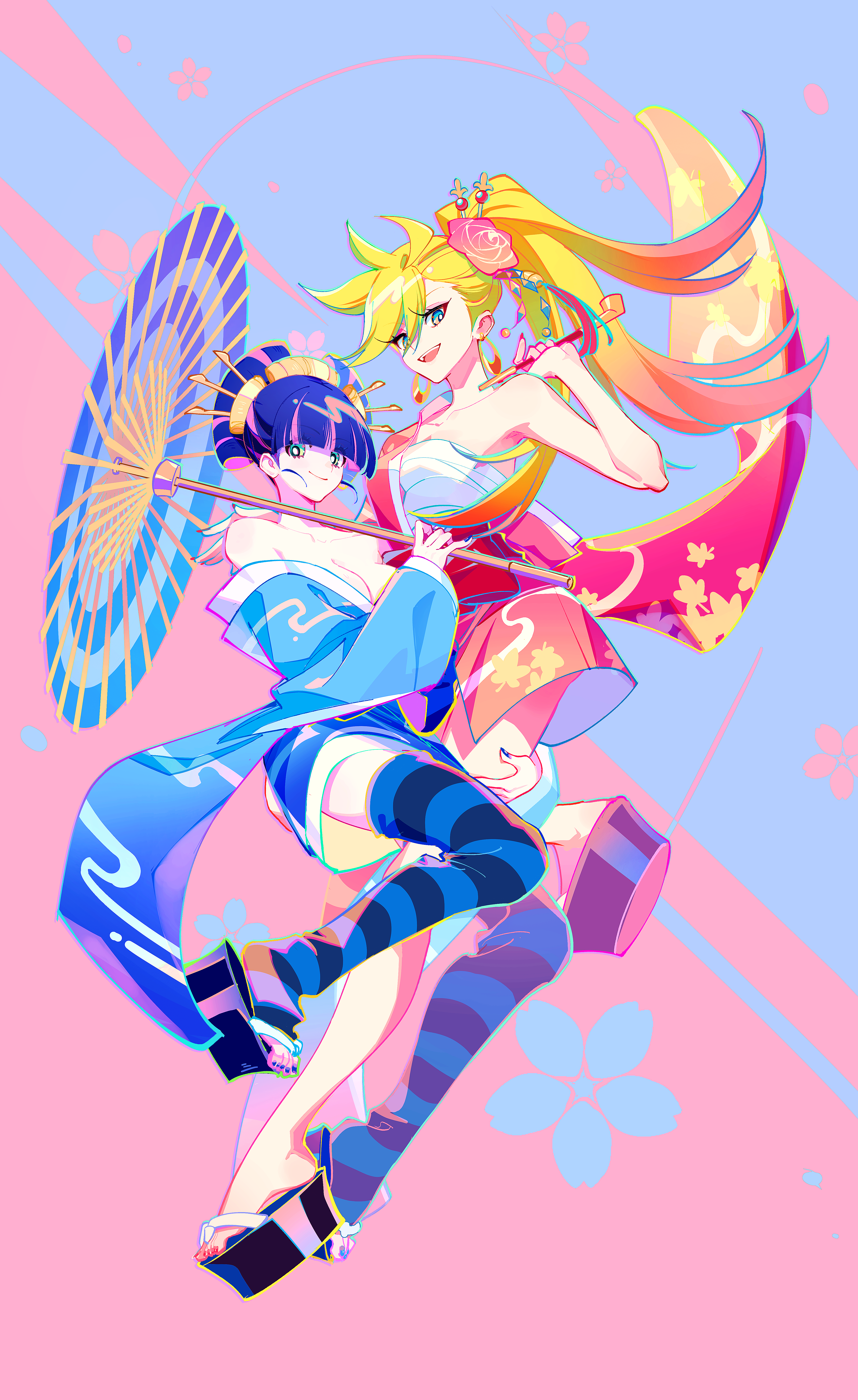dechel, panty (psg), stocking (psg), panty & stocking with garterbelt, absurdres, highres, 2girls, blonde hair, blue eyes, blue kimono, green eyes, holding, holding umbrella, japanese clothes, kimono, looking at viewer, multiple girls, oil-paper umbrella, red kimono, sarashi, striped clothes, striped hair, striped thighhighs, thighhighs, umbrella, wide sleeves