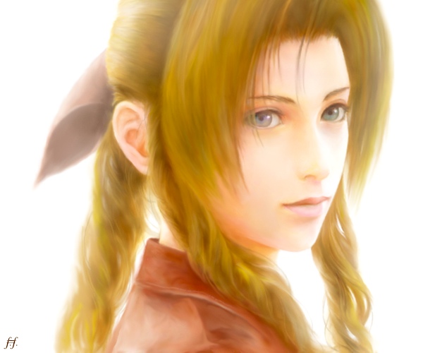 fm77 (artist), aerith gainsborough, final fantasy, final fantasy vii, final fantasy vii advent children, 00s, 1990s (style), 1girl, blue eyes, braid, brown hair, female focus, gradient background, long hair, realistic, retro artstyle, ribbon, solo