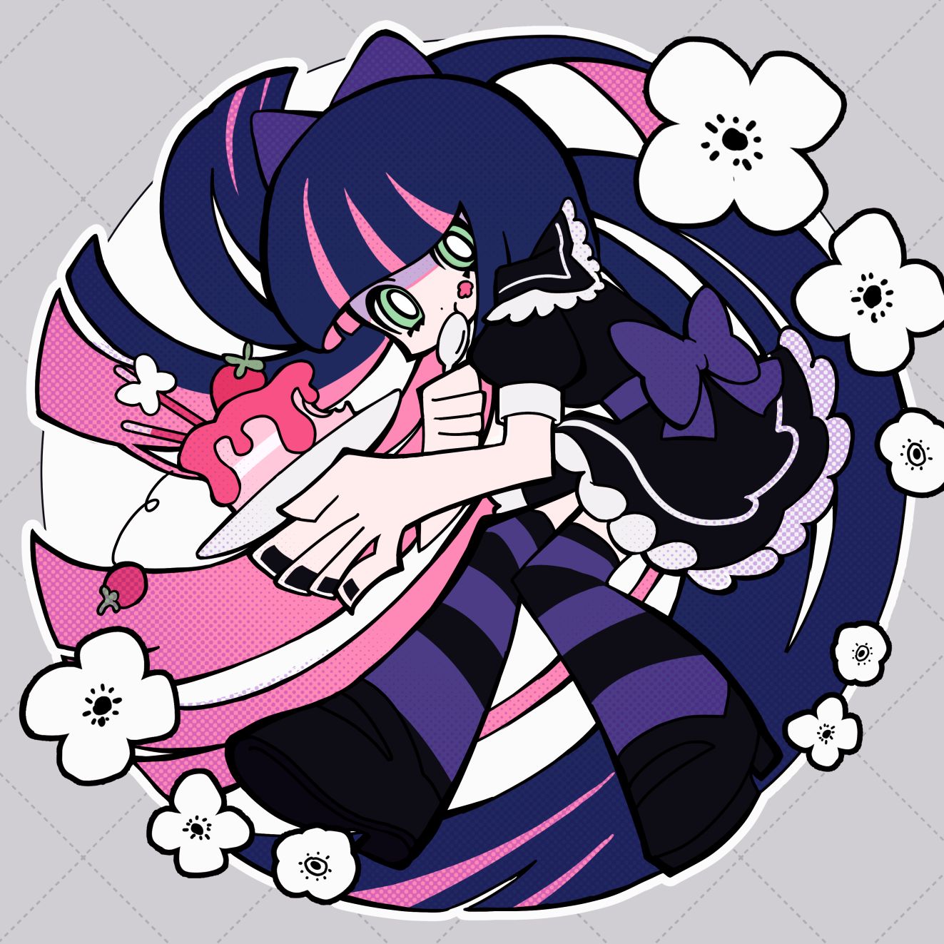 stocking (psg), panty & stocking with garterbelt, highres, 1girl, black dress, blunt bangs, dress, holding, holding spoon, long hair, multicolored hair, over-kneehighs, solo, spoon, striped clothes, striped hair, striped thighhighs, thighhighs, tukinoyoru336, two-tone hair