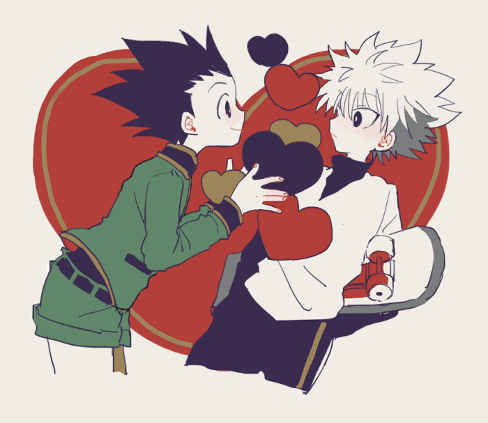 smcms-m, gon freecss, killua zoldyck, hunter x hunter, commentary, symbol-only commentary, 2boys, arms up, belt, black belt, black eyes, black hair, black shirt, black shorts, closed mouth, collared jacket, cropped legs, eye contact, fingernails, green jacket, green shorts, grey background, heart, holding, holding skateboard, jacket, layered sleeves, leaning forward, long sleeves, looking at another, male focus, multiple boys, profile, shirt, short hair, short over long sleeves, short sleeves, shorts, skateboard, sleeve cuffs, smile, striped clothes, striped shorts, turtleneck, v-neck, vertical-striped clothes, vertical-striped shorts, white hair, white shirt, widow's peak, yaoi