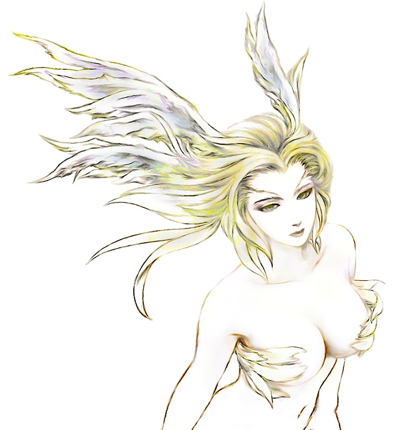 fm77 (artist), siren (final fantasy), final fantasy, final fantasy viii, bad id, bad pixiv id, 1990s (style), 1girl, blonde hair, female focus, head wings, long hair, retro artstyle, siren (monster), solo, wings, yellow eyes