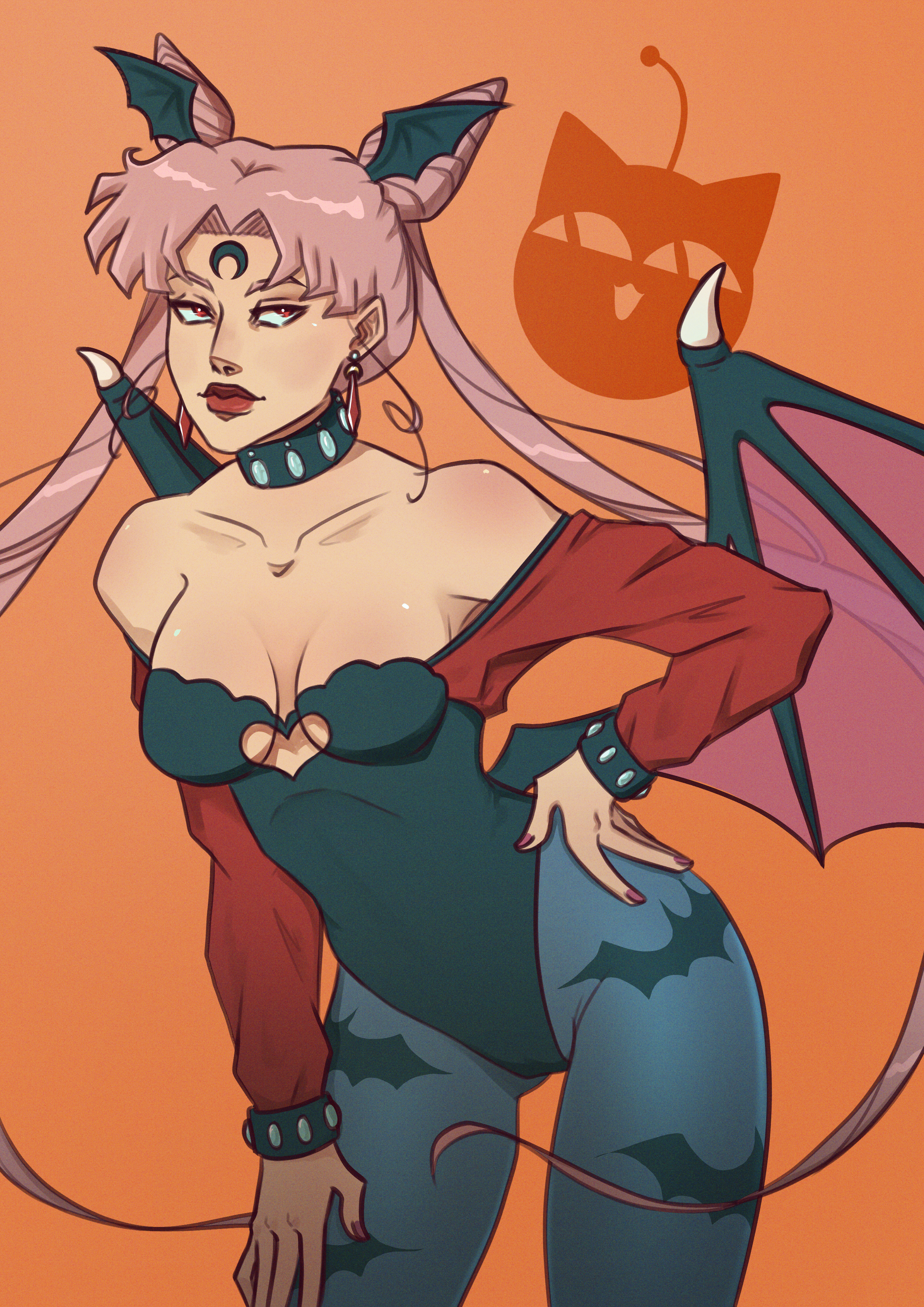 black lady (sailor moon), chibi usa, luna-p, morrigan aensland, bishoujo senshi sailor moon, darkstalkers, absurdres, highres, 1girl, aged up, animal print, bare shoulders, bat print, black leotard, breasts, cameltoe, choker, cleavage, clothing cutout, collarbone, cone hair bun, cosplay, crescent, crescent facial mark, crystal earrings, demon girl, double bun, earrings, facial mark, forehead mark, golgothasart, grey pantyhose, hair bun, halloween, heart cutout, jewelry, leotard, long hair, morrigan aensland (cosplay), pantyhose, pink hair, red eyes, red lips, red nails, red sleeves, small breasts, solo, twintails, vampire, very long hair