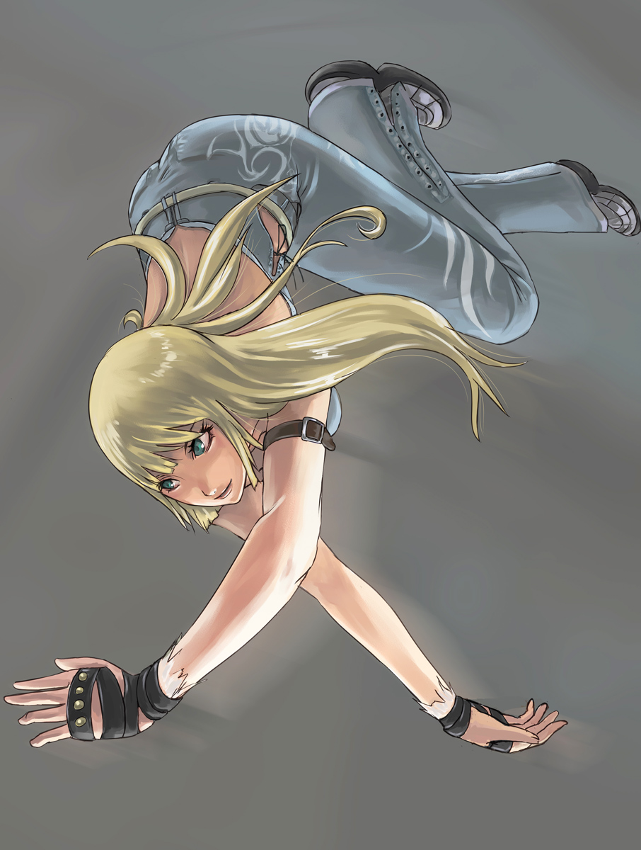 tea (nakenashi), emilie de rochefort, namco, tekken, tekken 5 (dark resurrection), bad id, bad pixiv id, highres, 1girl, alternate costume, arm strap, ass, blonde hair, blue eyes, brass knuckles, casual, denim, female focus, gloves, jeans, long hair, motion blur, pants, solo, upside-down, weapon, wrist wrap