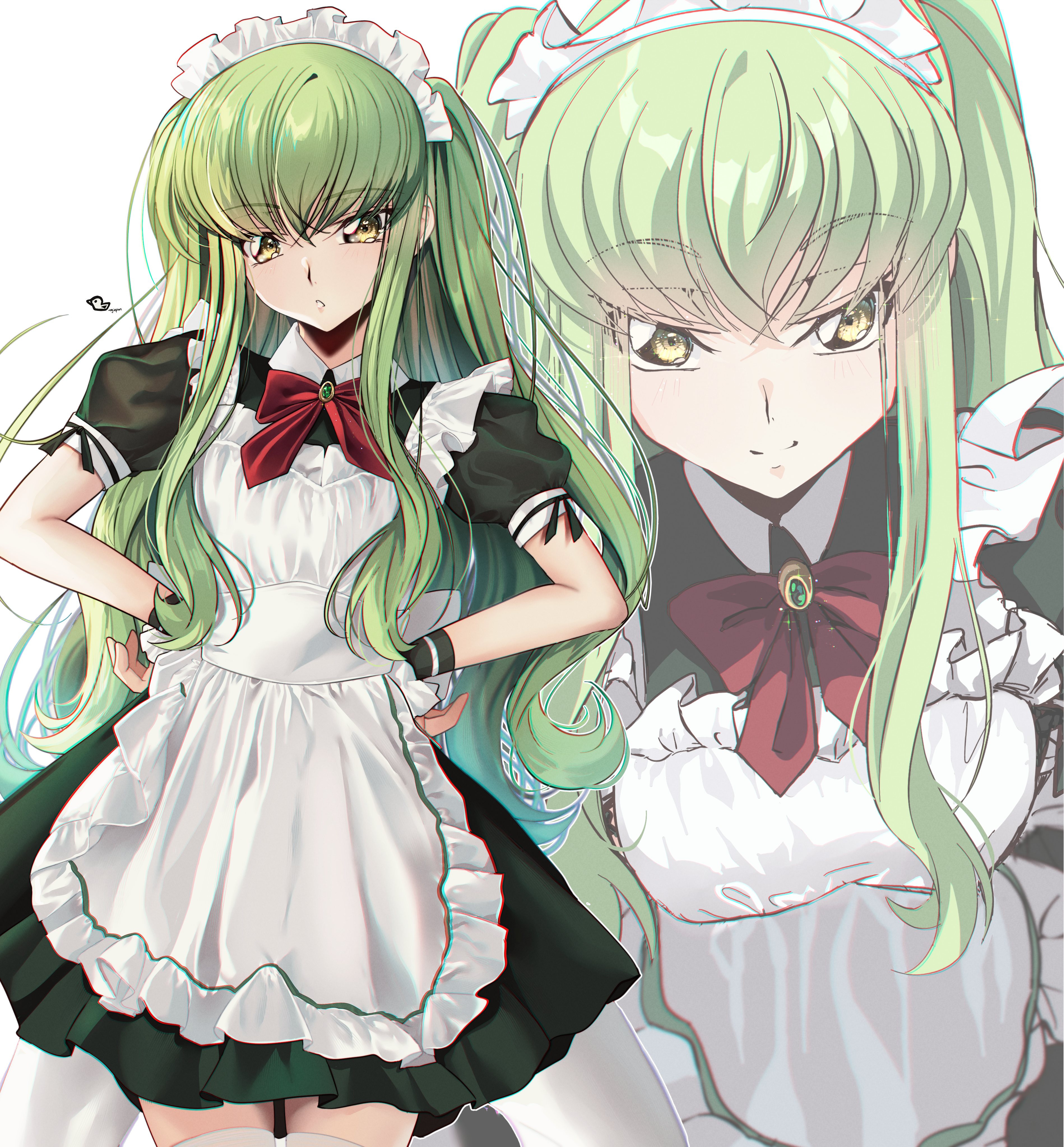 budgiepon, c.c., code geass, absurdres, highres, 1girl, alternate costume, apron, bow, breasts, brooch, different zoom layer, frilled apron, frills, green hair, hands on own hips, jewelry, long hair, looking at viewer, maid, maid apron, maid headdress, medium breasts, open mouth, puffy short sleeves, puffy sleeves, red bow, short sleeves, simple background, smile, solo, thighhighs, twintails, wavy hair, white apron, wrist cuffs, yellow eyes