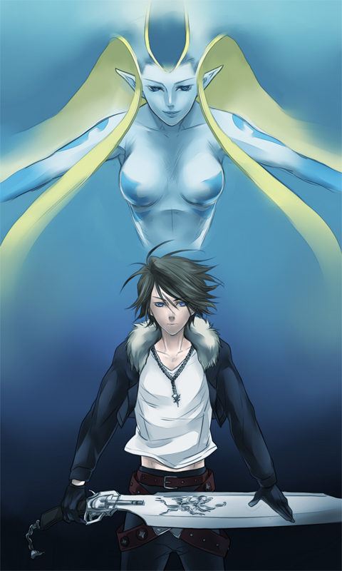 32nd, seiji (pixiv), shiva (final fantasy), squall leonhart, final fantasy, final fantasy viii, bad id, bad pixiv id, 1990s (style), 1boy, 1girl, blue eyes, blue skin, breasts, colored skin, gloves, gunblade, large breasts, pointy ears, scar, short hair, sword, weapon