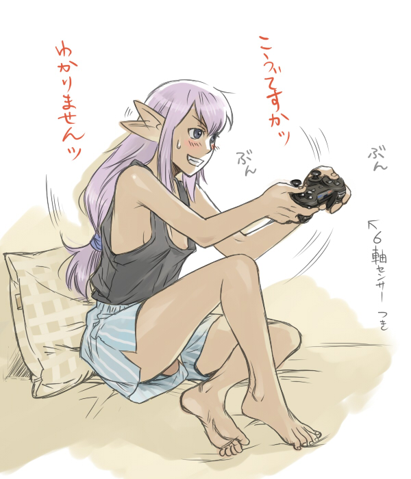 elvaan, prishe, final fantasy, final fantasy xi, 00s, 1girl, barefoot, blush, breasts, controller, ear wiggle, elf, feet, female focus, game controller, grin, happy, lingerie, long hair, nipple slip, nipples, playing games, pointy ears, purple hair, shorts, sideboob, sitting, smile, solo, sweat, tank top, underwear, video game