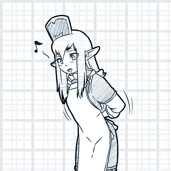 elvaan, prishe, final fantasy, final fantasy xi, 00s, 1girl, apron, elf, female focus, long hair, monochrome, pointy ears, solo