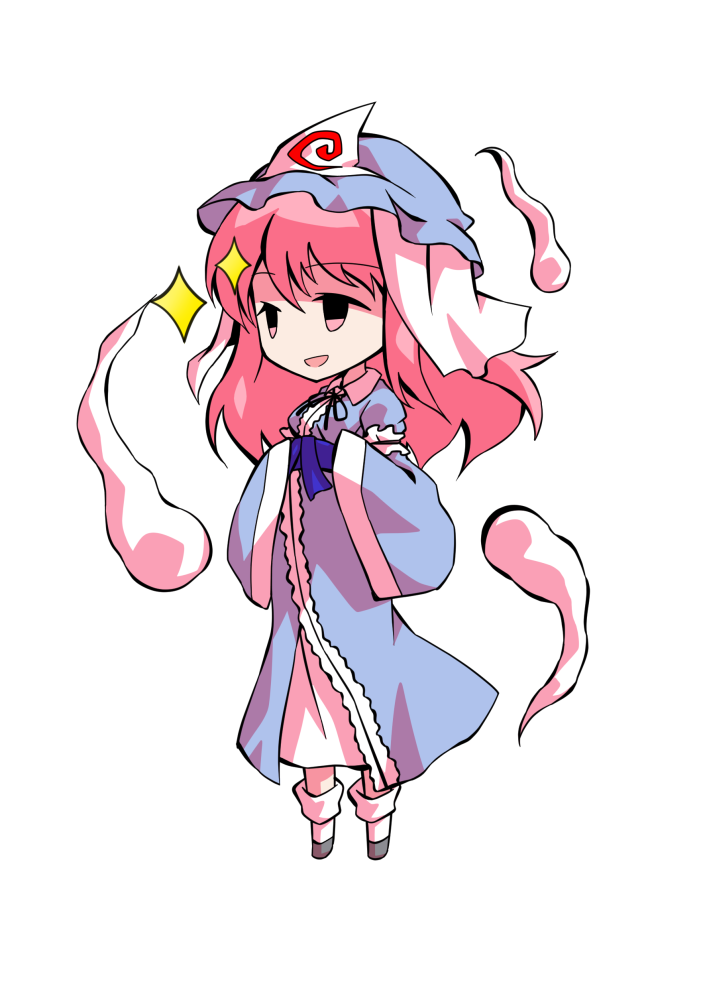 dairi, saigyouji yuyuko, touhou, commentary request, large variant set, variant set, 1girl, blue hat, blue kimono, breasts, chibi, chibi only, full body, ghost, grey shoes, hat, japanese clothes, kimono, medium hair, mob cap, pink hair, shoes, socks, solo, tachi-e, transparent background, triangular headpiece, white socks, wide sleeves