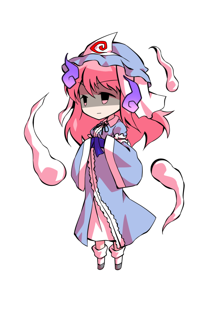 dairi, saigyouji yuyuko, touhou, commentary request, large variant set, variant set, 1girl, blue hat, blue kimono, breasts, chibi, chibi only, full body, ghost, grey shoes, hat, japanese clothes, kimono, medium hair, mob cap, pink hair, shoes, socks, solo, tachi-e, transparent background, triangular headpiece, white socks, wide sleeves
