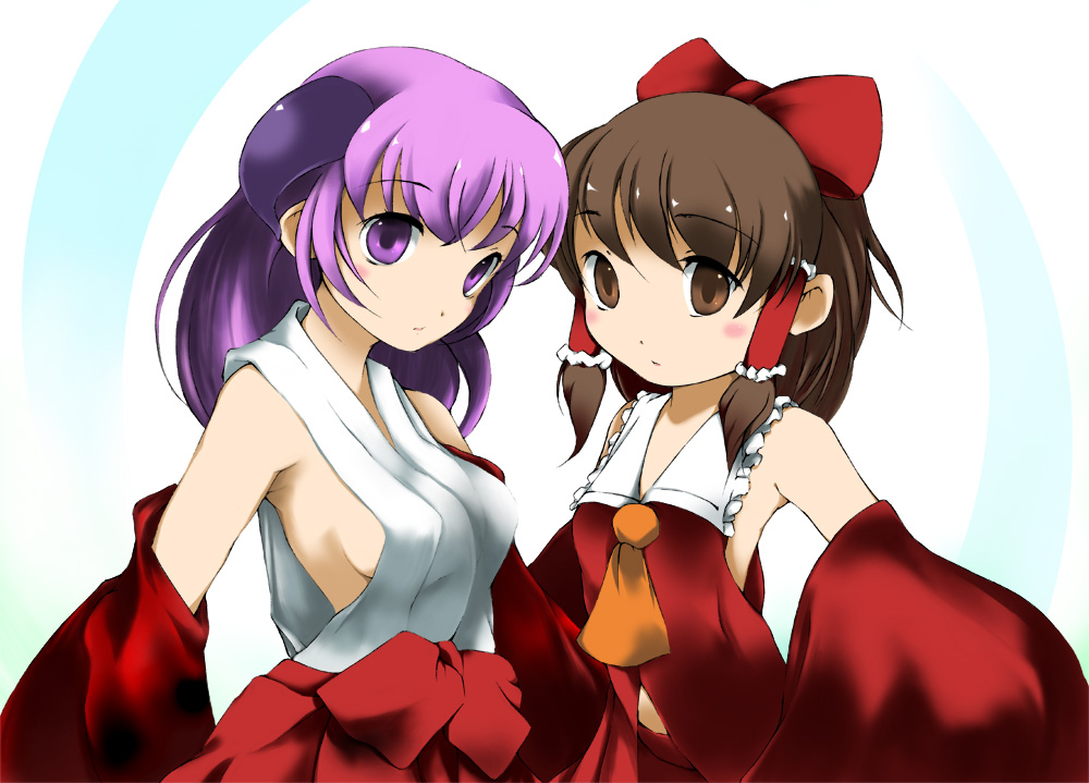 suzu (suzuko), hakurei reimu, hanyuu, higurashi no naku koro ni, touhou, bad id, bad pixiv id, 00s, 2girls, armpits, bow, breasts, brown eyes, brown hair, crossover, female focus, hakama, hakama skirt, horns, japanese clothes, medium breasts, miko, multiple girls, purple eyes, purple hair, red hakama, sideboob, skirt, small breasts, trait connection
