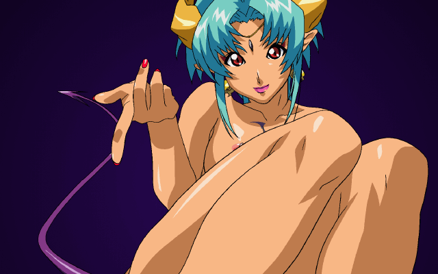 oobari masami, carrera, viper (series), viper gts, animated, animated gif, anime screenshot, 00s, 1girl, beckoning, breasts, breasts apart, chest tattoo, collarbone, come hither, completely nude, dark-skinned female, dark skin, demon girl, demon tail, earrings, female focus, green hair, horns, jewelry, nail polish, nipples, nude, pink lips, pointy ears, presenting, presenting pussy, purple background, purple tail, red eyes, red nails, smile, solo, spread legs, tail, tattoo