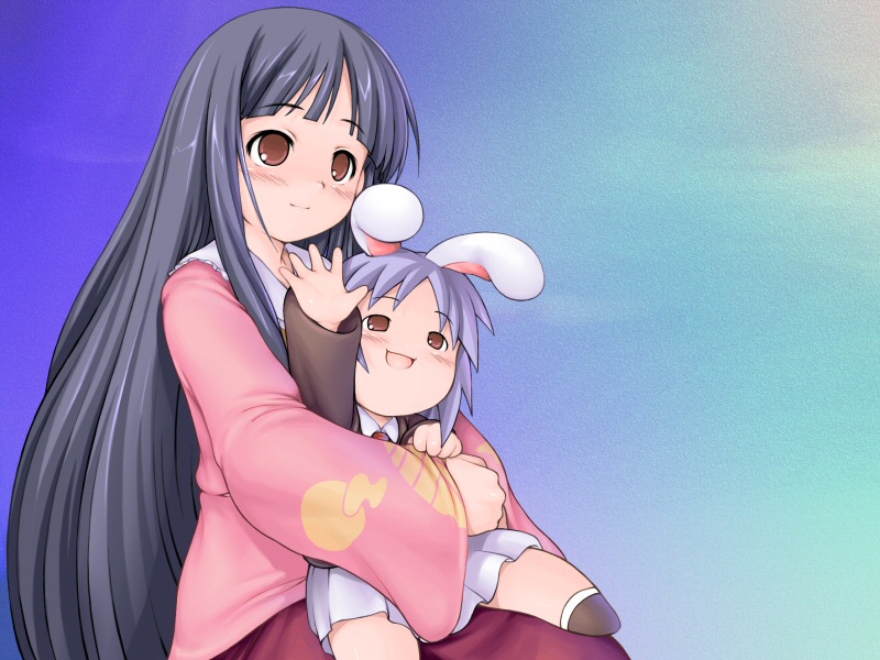 chabo (fuketsudan), houraisan kaguya, reisen udongein inaba, touhou, 2girls, animal ears, black hair, blunt bangs, brown eyes, chibi, female focus, hand up, japanese clothes, long hair, multiple girls, purple hair, rabbit ears, short hair, yukkuri shiteitte ne