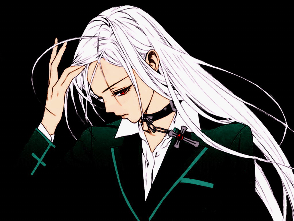 akashiya moka, inner moka, rosario+vampire, 00s, black background, blouse, collared shirt, cross, cross print, eyelashes, long hair, red eyes, shirt, simple background, solo, vampire, white hair, white shirt