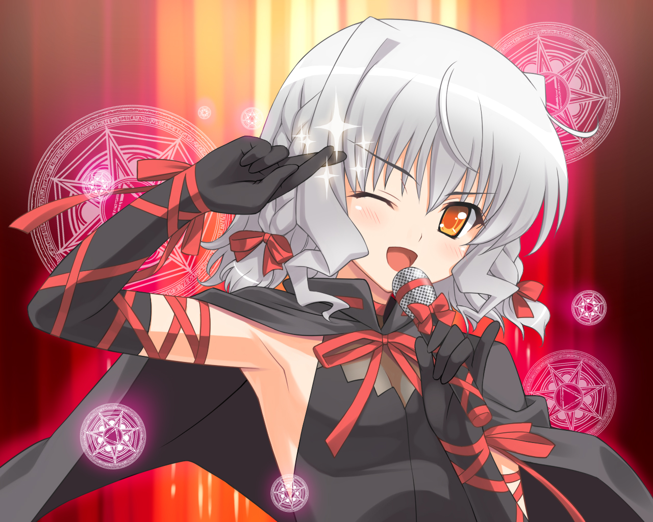 amano yuu, bell zephyr, macross, macross frontier, night wizard, silver hair, armpits, braid, cape, crossed fingers, elbow gloves, gloves, magic circle, microphone, one eye closed, parody, pinky out, ribbon, short hair, solo, sparkle, twin braids, wink