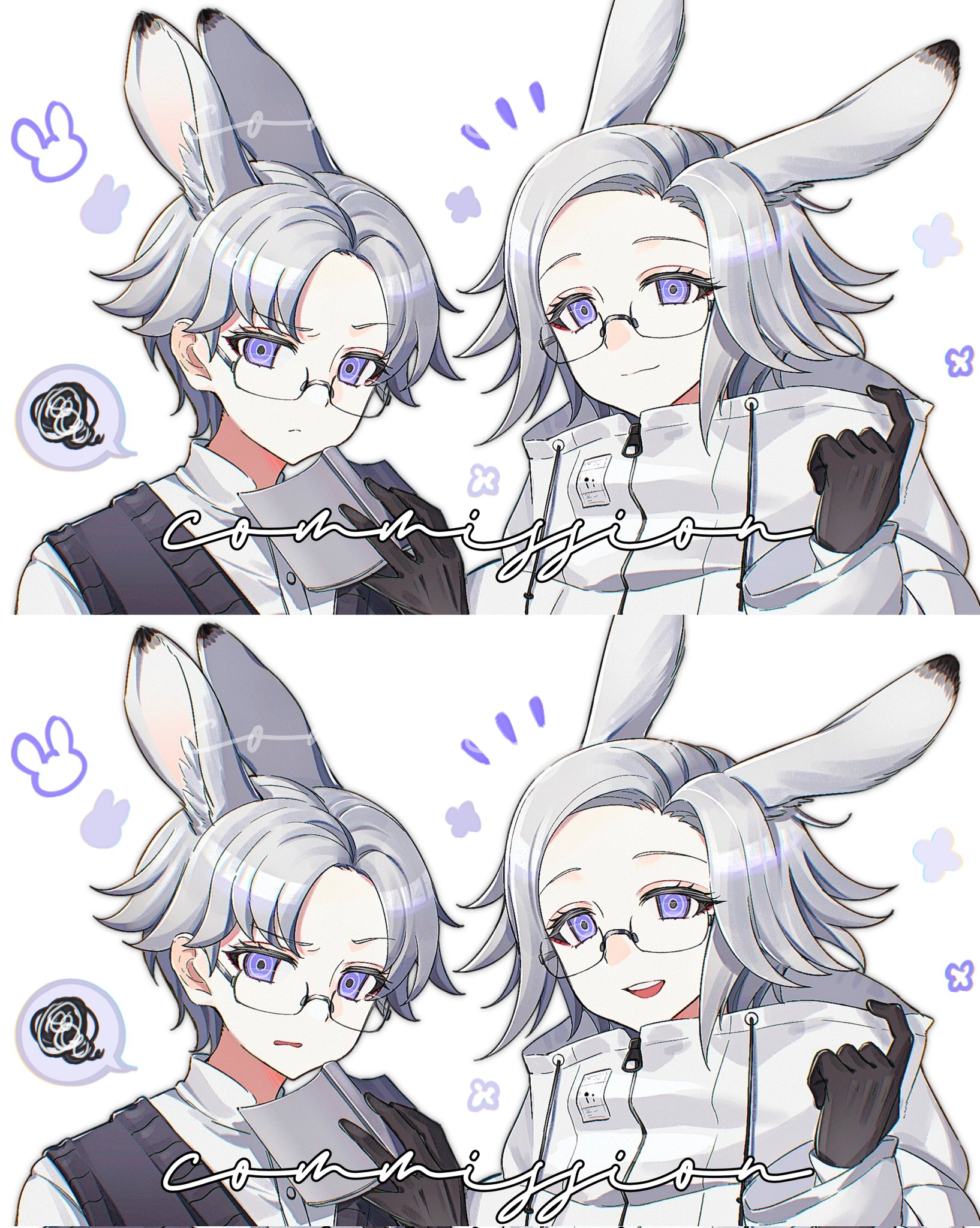 aotsuki eito, the hundred line -last defense academy-, chinese commentary, commentary, commission, english commentary, highres, mixed-language commentary, 2boys, age comparison, animal ears, black gloves, black vest, book, dual persona, extra ears, glasses, gloves, grey hair, holding, holding book, jacket, kemonomimi mode, looking at viewer, male focus, multiple boys, nomei, purple eyes, rabbit boy, rabbit ears, ringed eyes, shirt, short hair, smile, split screen, spoken squiggle, squiggle, vest, white jacket, white shirt