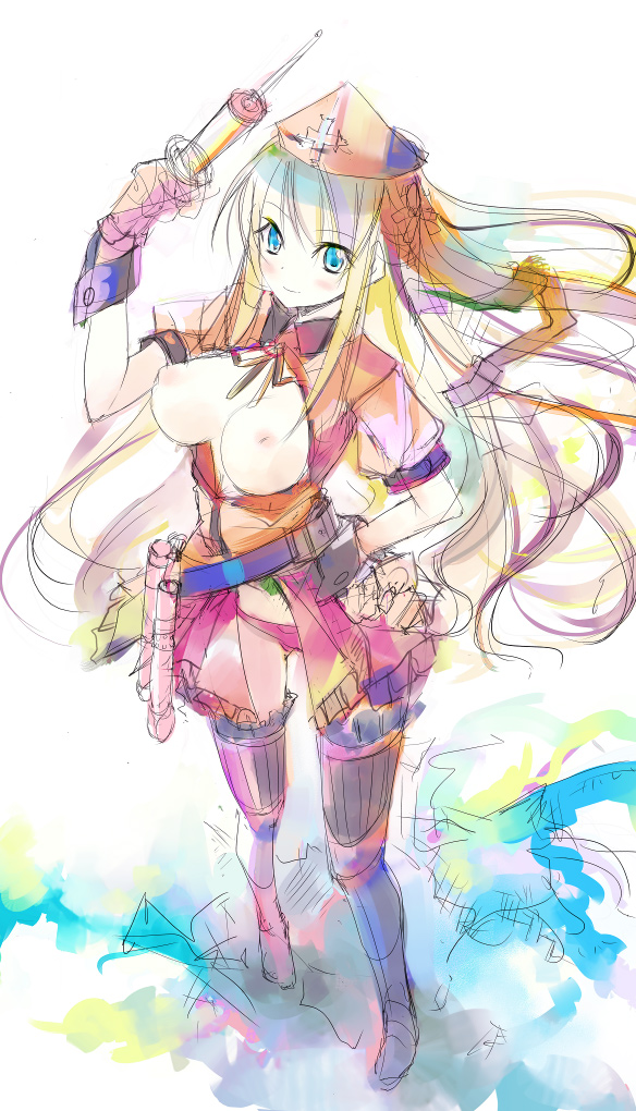 yudesoba, original, bad id, bad pixiv id, 1girl, blonde hair, blue eyes, breastless clothes, breasts, female focus, gloves, large breasts, legs, long hair, nipples, nurse, panties, sketch, skirt, solo, thighhighs, underwear, upskirt