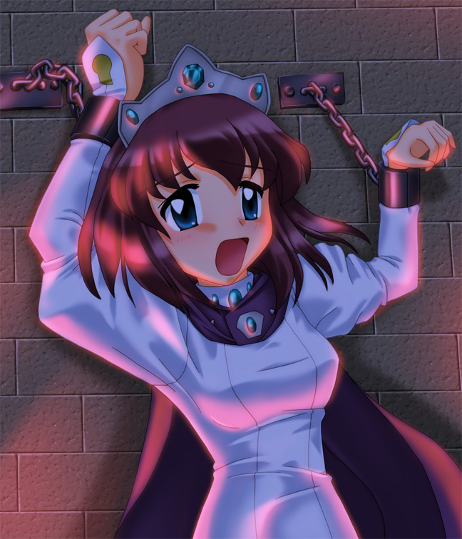 kannazuki okuto, henrietta de tristain, zero no tsukaima, 00s, 1girl, bdsm, blue eyes, bondage, bound, cape, crown, cuffs, dress, female focus, gown, hat, open mouth, purple hair, shackles, short hair, solo