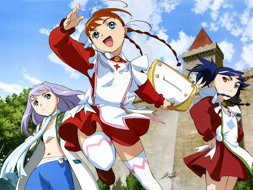 hisayuki hirokazu, arika yumemiya, mashiro blan de windbloom, nina wang, my-otome, photoshop (medium), 00s, 3girls, bag, bandeau, castle, clock, dress, garderobe uniform, midriff, multiple girls, school uniform, thighhighs, zettai ryouiki