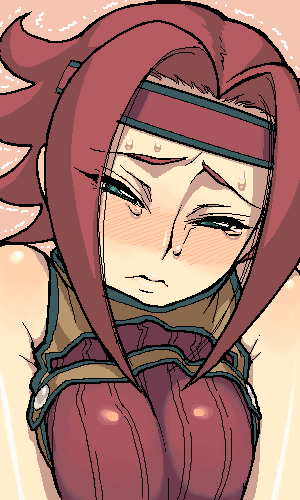 hijiri rei, kouzuki kallen, code geass, lowres, 00s, 1girl, bare shoulders, blush, breasts, breasts squeezed together, female focus, green eyes, headband, large breasts, red hair, short hair, sleeveless, sleeveless turtleneck, solo, sweat, tears, turtleneck