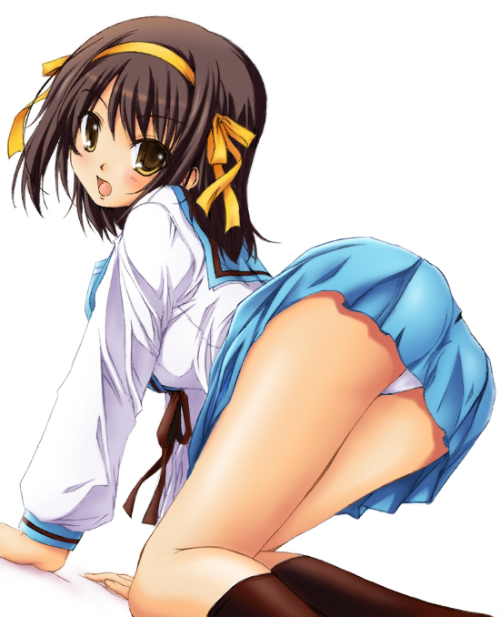 ayakaze ryuushou, suzumiya haruhi, suzumiya haruhi no yuuutsu, non-web source, 00s, 1girl, all fours, ass, black hair, brown eyes, brown hair, female focus, hairband, panties, pantyshot, school uniform, serafuku, short hair, skirt, socks, solo, underwear, white panties, yellow eyes
