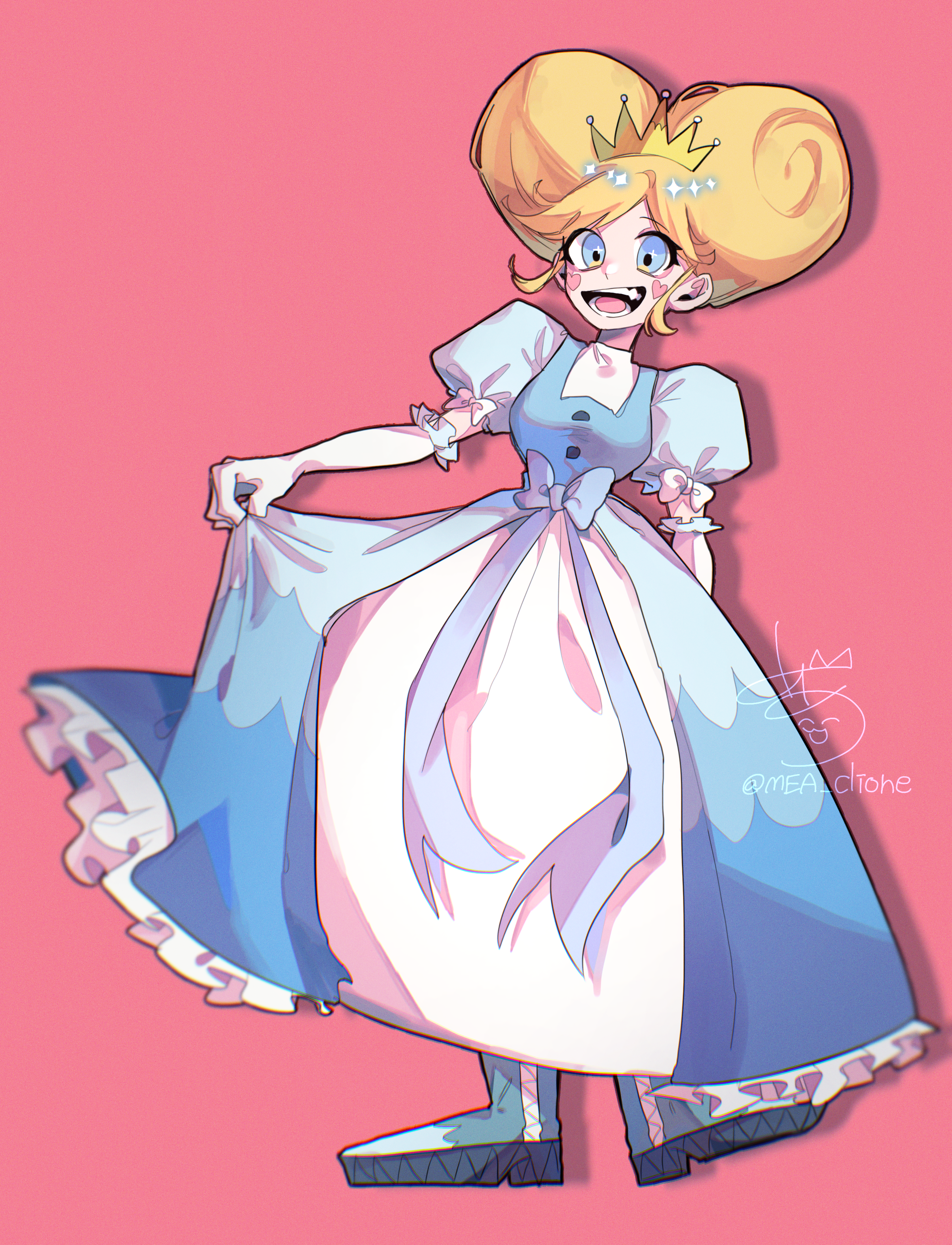 star butterfly, star vs the forces of evil, absurdres, highres, 1girl, blonde hair, blue eyes, boots, breasts, dress, facial mark, heart, heart-shaped blush stickers, heart cheeks, heart facial mark, looking at viewer, marking on cheek, markings on cheeks, official alternate costume, open mouth, princess, smile, solo, updo, user vdha3872