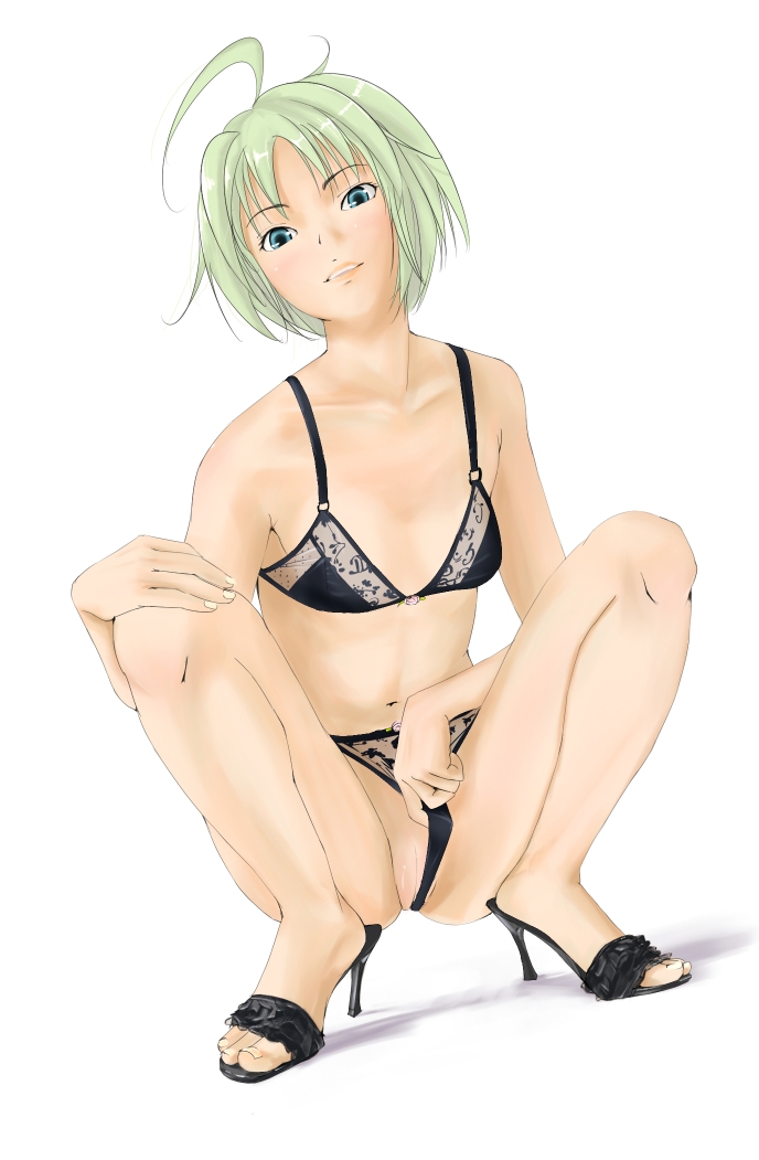 hawoku ishibare, bad id, bad pixiv id, 1girl, ahoge, aqua eyes, blue eyes, feet, female focus, flat chest, green hair, high heels, lingerie, midriff, navel, open shoes, panties, panty pull, pussy, shoes, short hair, solo, spread legs, squatting, toes, uncensored, underwear, wedgie, white hair