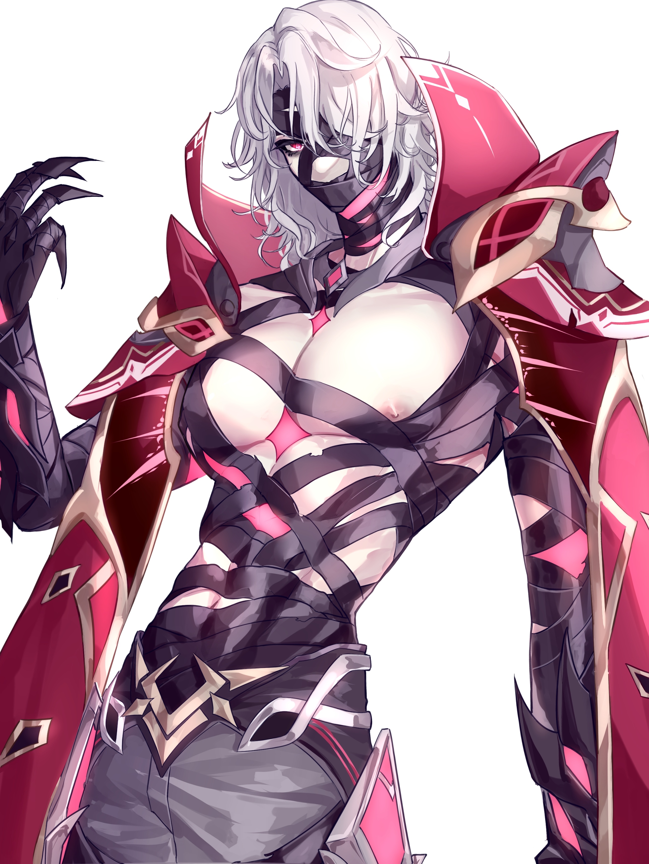 abyss of alyss, genshin impact, absurdres, commentary request, highres, 1boy, bandage over one eye, bandaged neck, bandaged torso, bandages, bandages over mouth, black bandages, cape, collared cape, cowboy shot, hand up, looking at viewer, male focus, medium hair, mystical high collar, nipples, one eye covered, pectorals, pink eyes, red cape, rerir (genshin impact), simple background, solo, white background, white hair