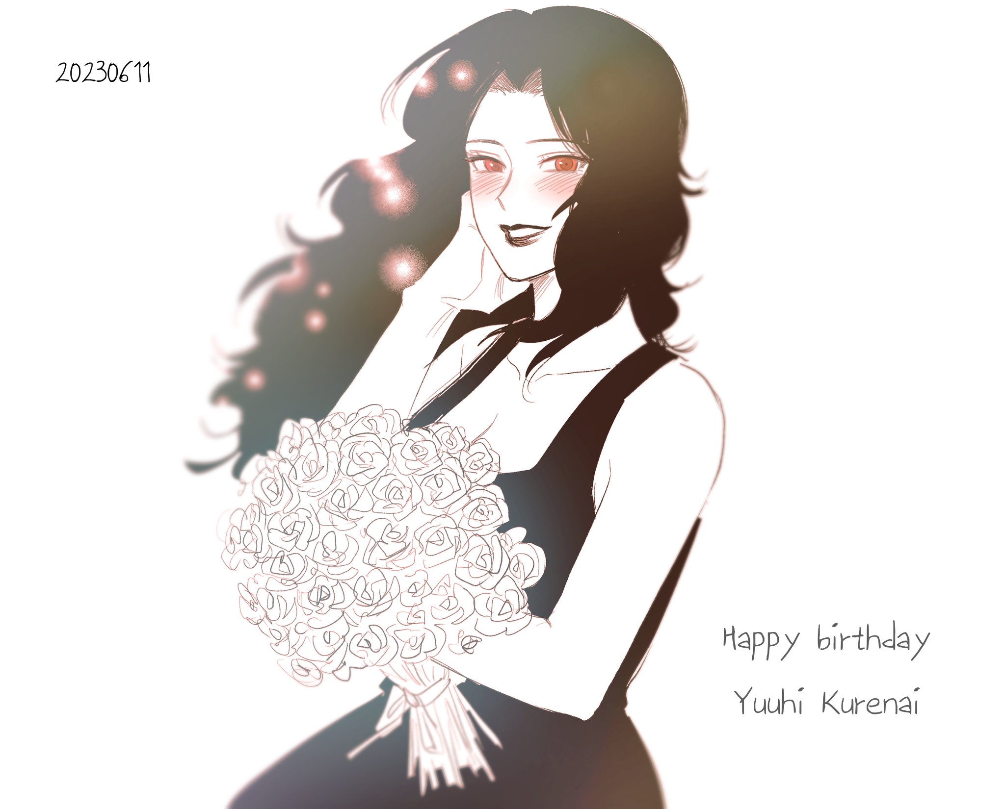 may c, yuuhi kurenai, naruto (series), naruto shippuuden, highres, 1girl, blush, bouquet, breasts, character name, cleavage, dated, dress, flower, greyscale, happy birthday, holding, holding bouquet, large breasts, lipstick, makeup, monochrome, profile, red eyes, solo, spot color, wavy hair