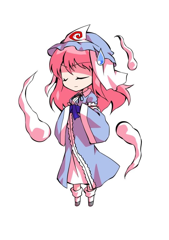 dairi, saigyouji yuyuko, touhou, commentary request, large variant set, variant set, 1girl, blue hat, blue kimono, breasts, chibi, chibi only, full body, ghost, grey shoes, hat, japanese clothes, kimono, medium hair, mob cap, pink hair, shoes, socks, solo, tachi-e, transparent background, triangular headpiece, white socks, wide sleeves