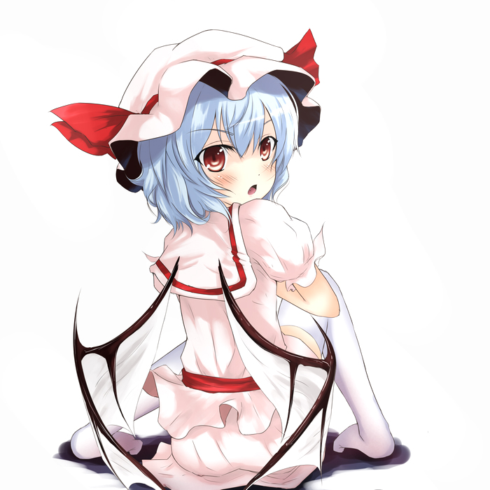 moccy, remilia scarlet, touhou, 1girl, bat wings, blue hair, blush, female focus, hat, red eyes, ribbon, short hair, skirt, solo, white background, wings