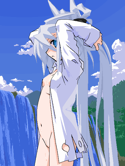 mof, mof's silver haired twintailed girl, original, silver hair, 1girl, arms behind head, arms up, belly, blue eyes, female focus, hands in own hair, long hair, naked shirt, navel, no panties, oekaki, open clothes, open shirt, outdoors, profile, shirt, solo, twintails, very long hair, water, waterfall