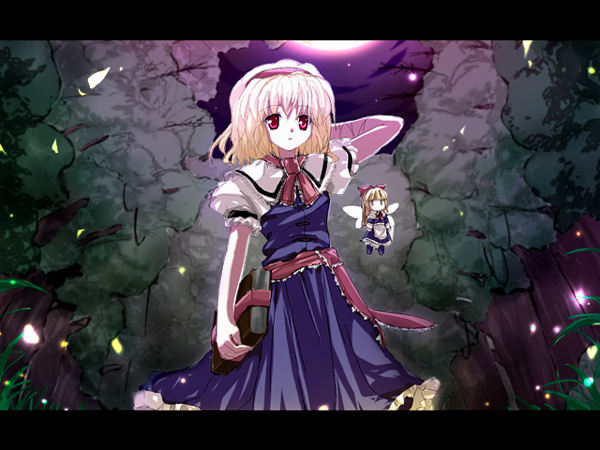 fastbond, alice margatroid, shanghai doll, touhou, 2girls, blonde hair, doll, female focus, letterboxed, multiple girls, outdoors, ribbon, short hair, sky, solo, standing
