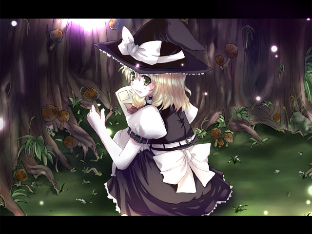 fastbond, kirisame marisa, touhou, 1girl, blonde hair, book, dress, female focus, forest, hat, letterboxed, mushroom, nature, outdoors, plant, ribbon, solo