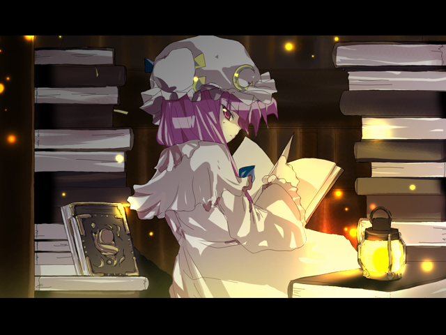 fastbond, patchouli knowledge, touhou, 1girl, book, dark, female focus, hat, indoors, lamp, letterboxed, long hair, looking back, purple hair, ribbon, sitting, solo