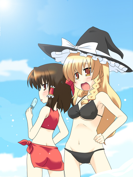 hakurei reimu, kirisame marisa, touhou, 2girls, bikini, black bikini, blonde hair, braid, breasts, butt crack, day, female focus, food, hat, ice, long hair, multiple girls, ocean, outdoors, popsicle, sky, swimsuit