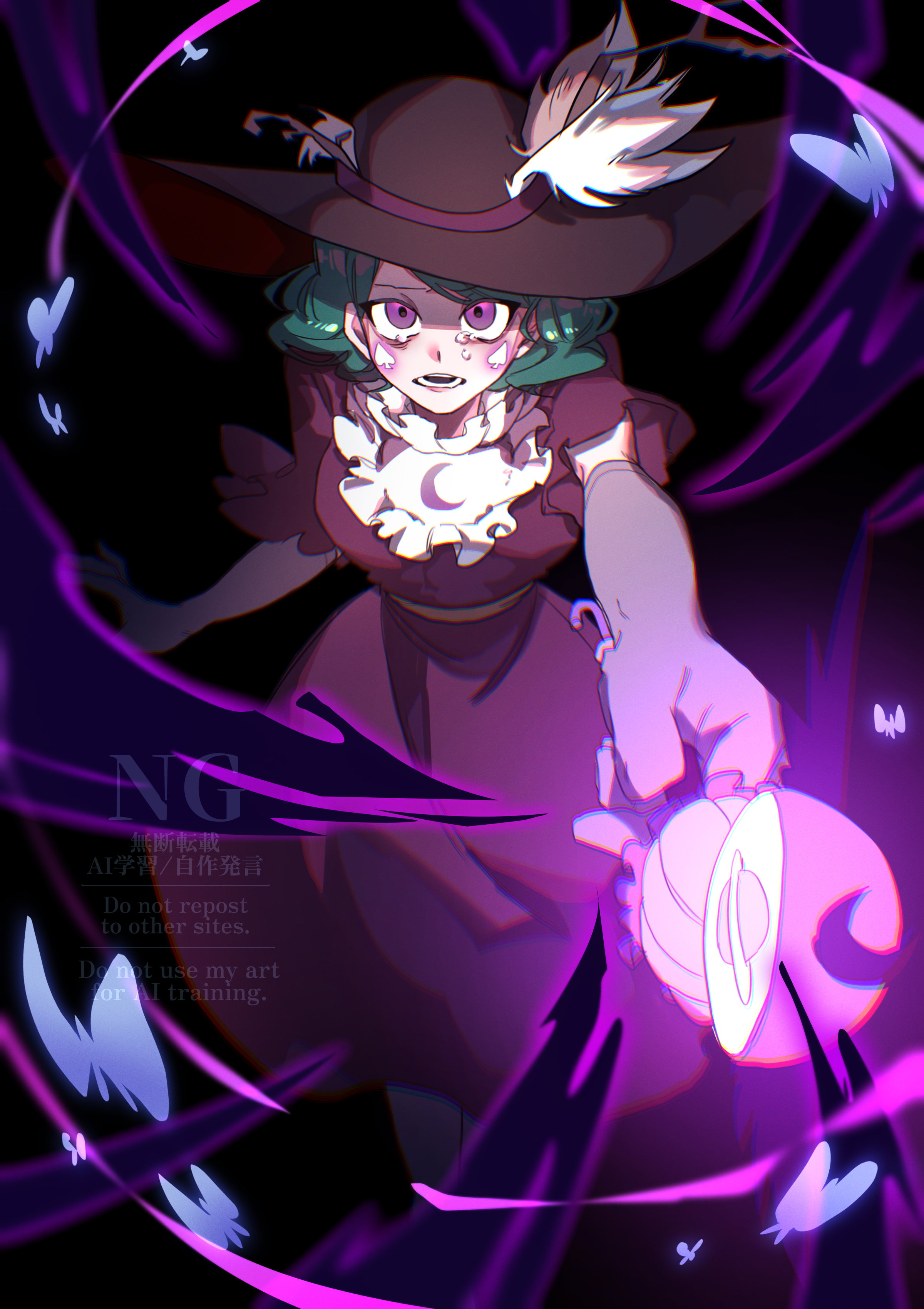 eclipsa butterfly, star vs the forces of evil, absurdres, highres, 1girl, breasts, cheek tattoo, dress, facial mark, gloves, green hair, hat, hat branch, holding, looking at viewer, markings on cheeks, open mouth, purple dress, royal magic wand (svtfoe), solo, spade (shape), spade facial mark, spade tattoo, tattoo, user vdha3872