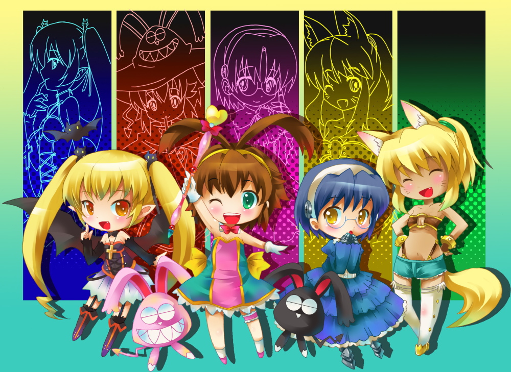 michii yuuki, aiko (magipoka), keimie, liru, pachira, yuuma (magipoka), renkin san-kyuu magical pokaan, 4girls, chibi, everyone, multiple girls, thighhighs
